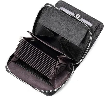 Zdjęcie produktu dla Portfel damski, duża pojemność - mały portfel - skóra, z zamkiem - ochrona RFID - 16 przegródek na karty - 11,5 x 9,5 x 4 cm - portfel damski