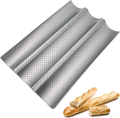 Produktbild von PIQIUQIU Baguette-Backblech, Baguette Backform für 3 Baguettes, Baguetteblech mit Hochwertiger Antihaftbeschichtung, 38 x 24.5 cm