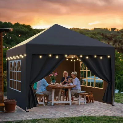 Produktbild von Faltpavillon 3x3m Anthrazit mit Seitenwänden & Giebelwand, Höhenverstellbar, Wasserdicht