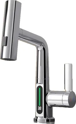Zdjęcie produktu dla Bateria umywalkowa, oświetlenie LED, wyciągana dysza natryskowa, chrom