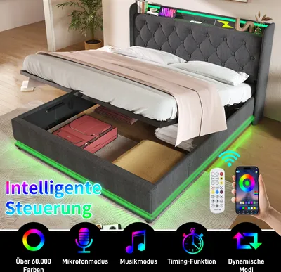 Produktbild von MODFU Boxspringbett Hydraulisches 140 x 200 cm mit LED-Beleuchtung(Drucktaste/App/Fernbedienung.), Polsterbett Funktionelles mit USB&Typ-C-Ladeanschluss, Doppelbett Stauraumbett mit Bettkasten Stauraum, Leinen Grau(Ohne Matratze)
