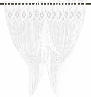A white lace curtain with a diamond pattern at the top and fringe hanging down.