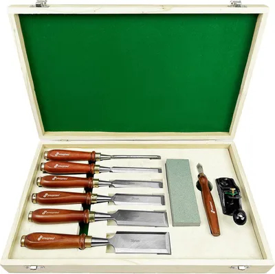 Produktbild von PAULIMOT Stechbeitel-Set 9-teilig, 6 - 38 mm, inkl. Schleifstein, Anreißmesser und Simshobel