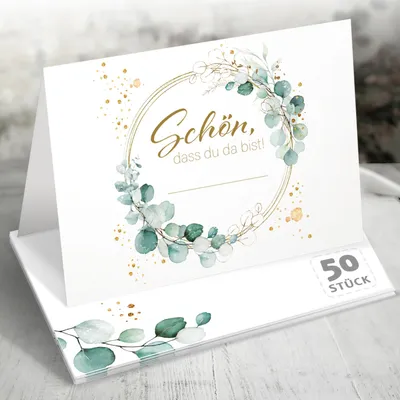 Produktbild von 50 Tischkarten 'Schön, dass du da bist', Greenery Efeu Eukalyptus Gold Grün