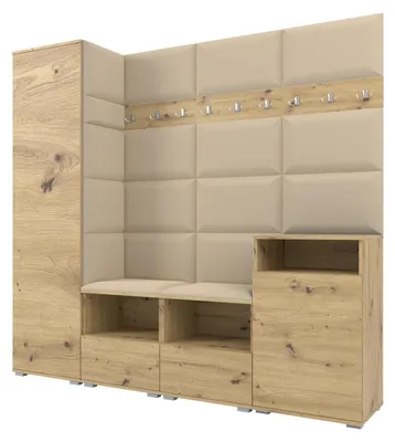 Produktbild von Garderobe NELA X 200 cm Modulare Flurmöbel Artisan Eiche mit Sitzpolster Beige 04 (Schrank + Sidelboard)