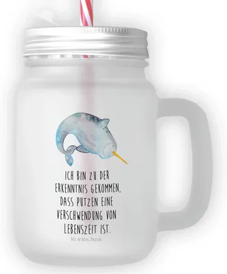 Produktbild von Mr. & Mrs. Panda Glas Narwal - Transparent - Geschenk, Kinderzimmer, Hausfrau, Becher mit Deckel, Putzen, Wal, Schraubverschluss, Meer, Cocktailglas, Aufräumen, Mason Jar