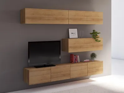 Produktbild von Wohnwand CALABRINI-8 Wohnzimmer-Set Hängewohnwand Schrankwand TV-Schrank Moderne Anbauwand Hochglanz (Eiche Gold)