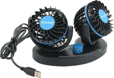 A dual-fan portable USB fan with a black base and black fans with blue accents and a blue knob.