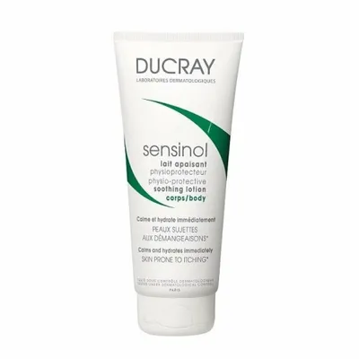 A white tube of Ducray Sensinol soothing lotion for sensitive skin.