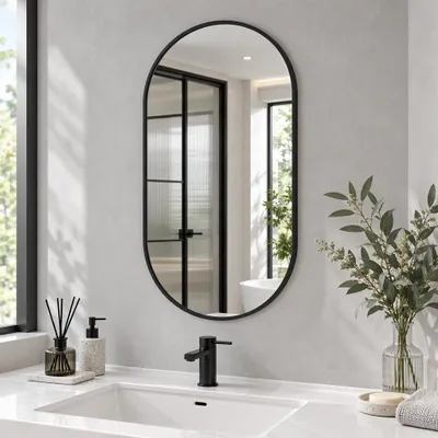 Imagen del producto de Espejo de pared con forma de arco de INONEFT, color negro, 60x90 cm. Espejo de baño resistente a roturas. Espejo pequeño con marco de aleación de aluminio. Espejo de maquillaje para dormitorio