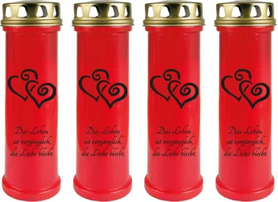 Produktbild von Grabkerze Rot 4er Pack, Brenndauer: 100 Stunden ( je Kerze ), Motiv: Herz