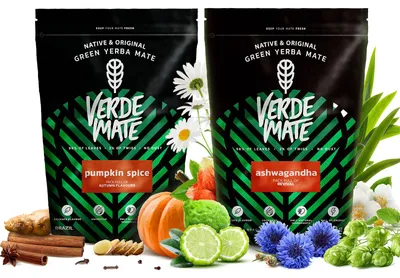 Produktbild von Verde Mate - Mate Tee Set Ashwagandha 500g & Pumpkin Spice Tostada 400g - Dicke Blätter 5mm - Kräuter & Gewürze - Luftgetrocknet, Mild - Brasilien