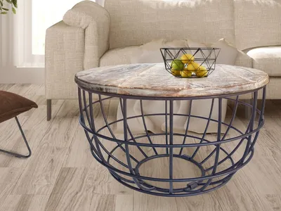 Produktbild von Couchtisch rund nachhaltig Lexington ø 75 cm Metall Gitter Drahtgestell Massivholz Wohnzimmer-Tisch weiß gekälkt - altsilber