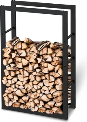 A black metal firewood rack filled with chopped wood.