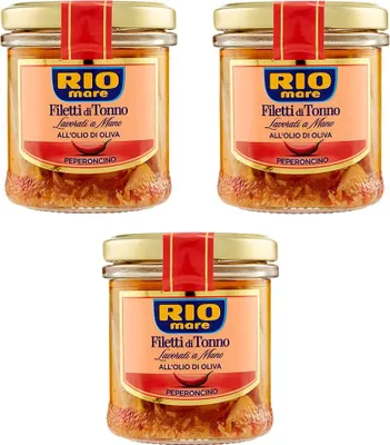 Produktbild von Rio Mare Thunfischfilets mit Chili in Olivenöl Thunfischfilets in Olivenöl mit Chili 3 x 130 g