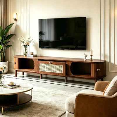 Produktbild von STILVORA TV-Schrank mit Rattan-Schubladen,TV-Lowboard mit 2 Holzschiebetüren,Ovaler Fernsehschrank für Wohnzimmer&Schlafzimmer,Walnussfarbe