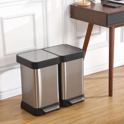 Immagine prodotto di Contenitore per rifiuti da cucina - Bidone a pedale, doppia capacità, 2 x 20 litri, totale 40 litri - Contenitore per la raccolta differenziata, senza contenitori interni - Acciaio inossidabile - Coperchio con chiusura ammortizzata - Chiusura silenziosa - Argento