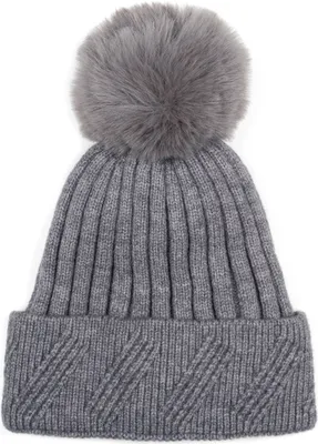 Produktbild von styleBREAKER Damen Strick Bommelmütze Einfarbig mit Rippen Muster und Fleece Futter, Winter Mütze, Strickmütze 04024198