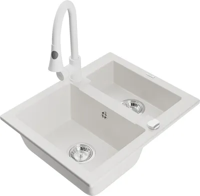 Produktbild von Mexen Carlos 1,5-Becken-Granitspüle mit Mischbatterie Elia, Weiß - 6518-20-670101-20