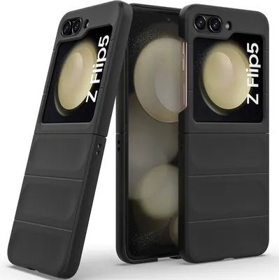 Three black phone cases for a foldable phone are displayed against a light gray background. The phone cases are shown in different orientations, with one open to reveal the phone screen.