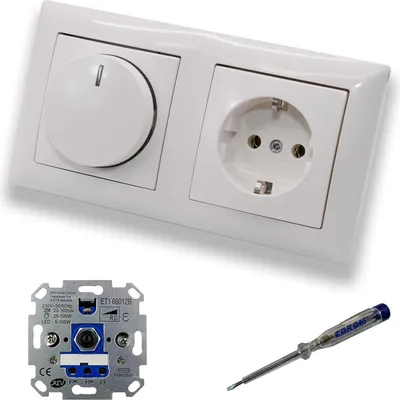 Produktbild von REV Ritter LED Drehdimmer Dimmer + Busch Jäger Dimmerscheibe 2115-914 und Steckdose Kinderschutz 20EUCKS-914 in Balance Si alpinweiß glänzend inkl. EBROM Phasenprüfer zur Montage der Geräte ET1 66012B