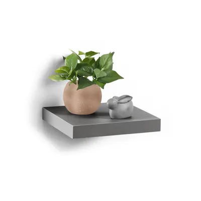 A gray floating shelf with a small potted plant and a decorative bunny figurine.