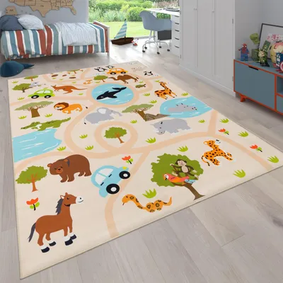 Produktbild von Kinderteppich waschmaschinenwaschbar Safari‑Straßen‑Muster Kinderzimmer schmutzabweisend Mehrfarbig Rechteckig 120x160 | 100% Polyester | pflegeleicht