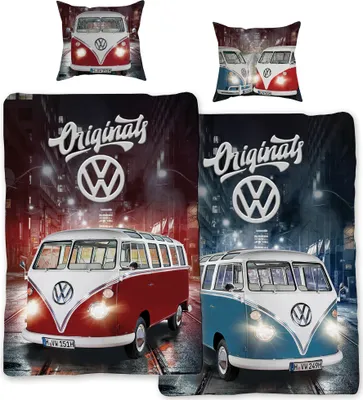 Collage of Volkswagen bus bedding and pillows with a city street background.