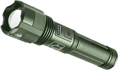 Produktbild von Helle LED-Taschenlampe - Armeegrün - 5 Modi - USB-C aufladbar - Inklusive wiederaufladbarem Akku - AAA-Batterie Backup - Zoomfunktion