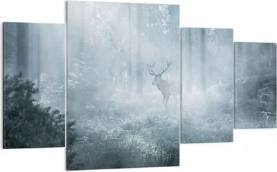 Produktbild von Bild auf Leinwand - Leinwandbild - 4 Teile - Hirsch Wald Morgendämmerung - 160x90cm - Wand Bild - Wanddeko - Wandbilder - Leinwanddruck - Bilder - Wanddekoration - Leinwand bilder - DL160x90-4667