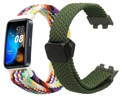 Produktbild von kwmobile 2x Ersatzarmband kompatibel mit Huawei Band 10 / 9 / 8 Armband - Nylonarmband Set mit Magnetverschluss - Dunkelgrün Mehrfarbig