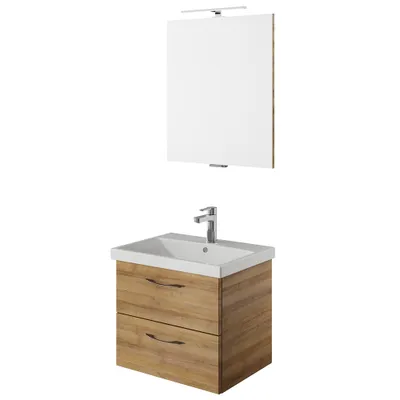 Produktbild von Waschplatz Set mit Spiegel und Keramik Waschbecken in Riviera Eiche Nb. VILLATORO-66, B/H/T ca. 60/200/45 cm