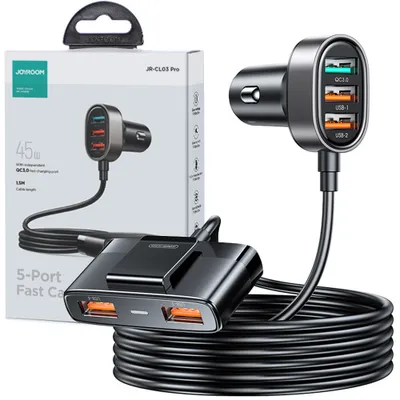 Produktbild von Joyroom Auto-Schnellladegerät mit Verlängerungskabel 45W 5xUSB-A schwarz (JR-CL03 Pro)