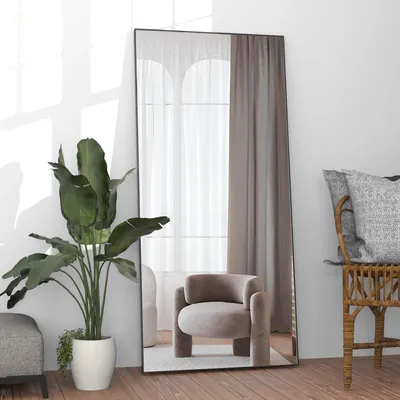 Image de Miroir mural complet, dimensions 165 x 60 cm. Miroir au sol, en aluminium noir, conçu pour être posé ou accroché