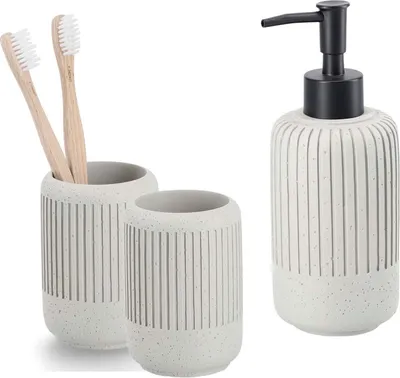 Produktbild von 3-teiliges Badezimmer-Set Zement hellgrau, Badzubehör-Set besteht aus: Seifenspender & 2x Zahnputzbecher, moderne Badausstattung von Zeller