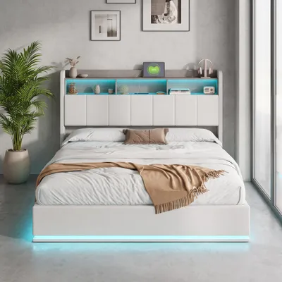 Zdjęcie produktu dla Łóżko tapicerowane INONEFT, hydrauliczne, 160x200 cm, z portami USB i Type-C, podwójne łóżko młodzieżowe z oświetleniem LED, łóżko z pojemnikiem na pościel, obite welurem, kolor beżowy