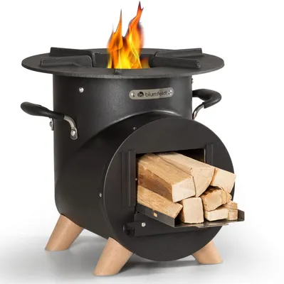 Produktbild von Blumfeldt Feuerschale mit Grillrost, Outdoor Stahl-Feuerschale Groß, Mobile Garten-Feuerschale, L-Form Feuerschalen mit Schürhaken, Wetterfeste Feuerschale für den Garten, Raketenofen Feuerstelle