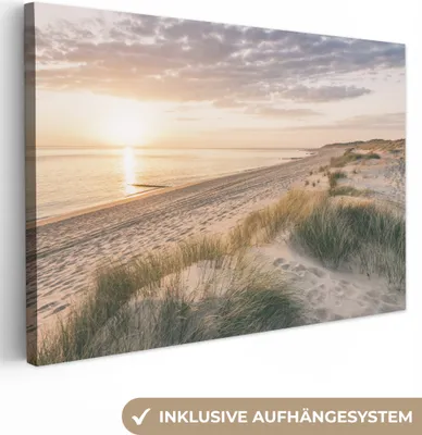 Produktbild von MuchoWow® - Leinwandbilder - Sonnenaufgang am Strand in Nordfriesland, Wandbild, Wanddeko Bilder Wohnzimmer, 90x60 cm