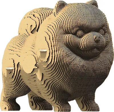 A 3D model of a Pomeranian Spitz made from layered cardboard.