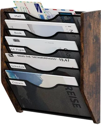 Image de Porte-documents métallique suspendu, porte-classeurs à 5 compartiments, porte-revues mural avec pochettes, porte-documents en bois, rangement pour le bureau et la maison, brun antique