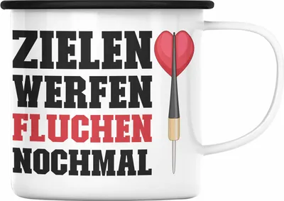 Produktbild von Trendation - Dart Emaille Tasse Dartpfeil Zielen Werfen Fluchen Nochmal Spruch Männer Dart-Spieler Geschenkidee (Schwarz)