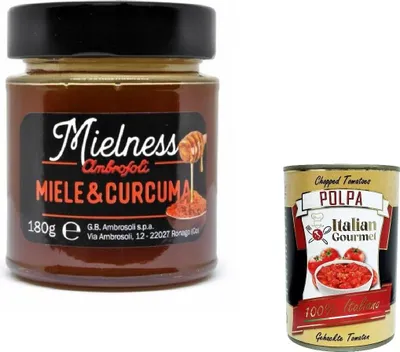 Produktbild von 3x Ambrosoli Mielnsess Miele e Curcuma, Blumenhonig mit Kurkuma -Extrakt, 180g + italian Gourmet polpa 400g