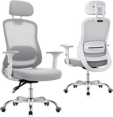 Imagen del producto de Silla de oficina ergonómica de 150 kg, con cubierta de malla, reposabrazos 3D. Respaldo reclinable con reposacabezas, ajustable en altura, ruedas silenciosas, ideal para teletrabajo y juegos, montaje sencillo, color gris claro