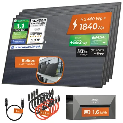 Produktbild von Solarway®️ 1840Wp / 800W Balkonkraftwerk mit 1,6 kWh Speicher komplett Steckdose - 1,6 kWh Anker SOLIX 2 PRO Speicher