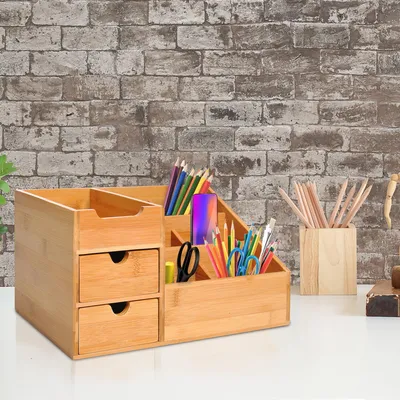Image de Organisateur de bureau en bambou avec 2 tiroirs et 7 compartiments, idéal pour le rangement au bureau. Boîte de rangement pour bureau en bois naturel. Capacité de charge : 3 kg. Dimensions : 33 x 20,5 x 15,5 cm
