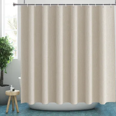 Produktbild von Beige Duschvorhang, 200 x 200 cm, Leinenoptik, schweres Material, wasserabweisend, maschinenwaschbar, Breite 200 x Höhe 200 cm