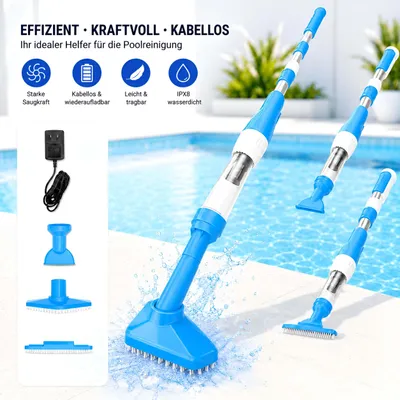 Produktbild von 3 in1 Poolsauger Kabelloser, Akku Handpoolsauger, 90 Min Laufzeit, Teleskopstange & Bürste, Mit Filterelement, für Sand und Schmutz, 0.23L, Blau