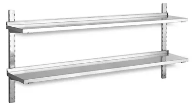 Produktbild von Wandregal aus Edelstahl mit 2 Böden, BxT 1400 x 355 mm, Tragkraft 20 kg pro Boden
