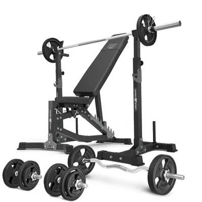 Image de Marbo Sport - Ensemble MS30_2.0_83KG_G | Banc de musculation réglable de deux côtés + support d'haltères (2 pièces) avec sécurité + ensemble de barres et de disques d'haltères caoutchoutés 83 kg