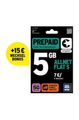 Produktbild von congstar Prepaid Allnet S inkl. 15€ Wechselguthaben: 5 GB Datenvolumen & Flatrate für Telefonie und SMS, 5G-Speed, EU-Roaming, SIM Karte, Prepaidkarte